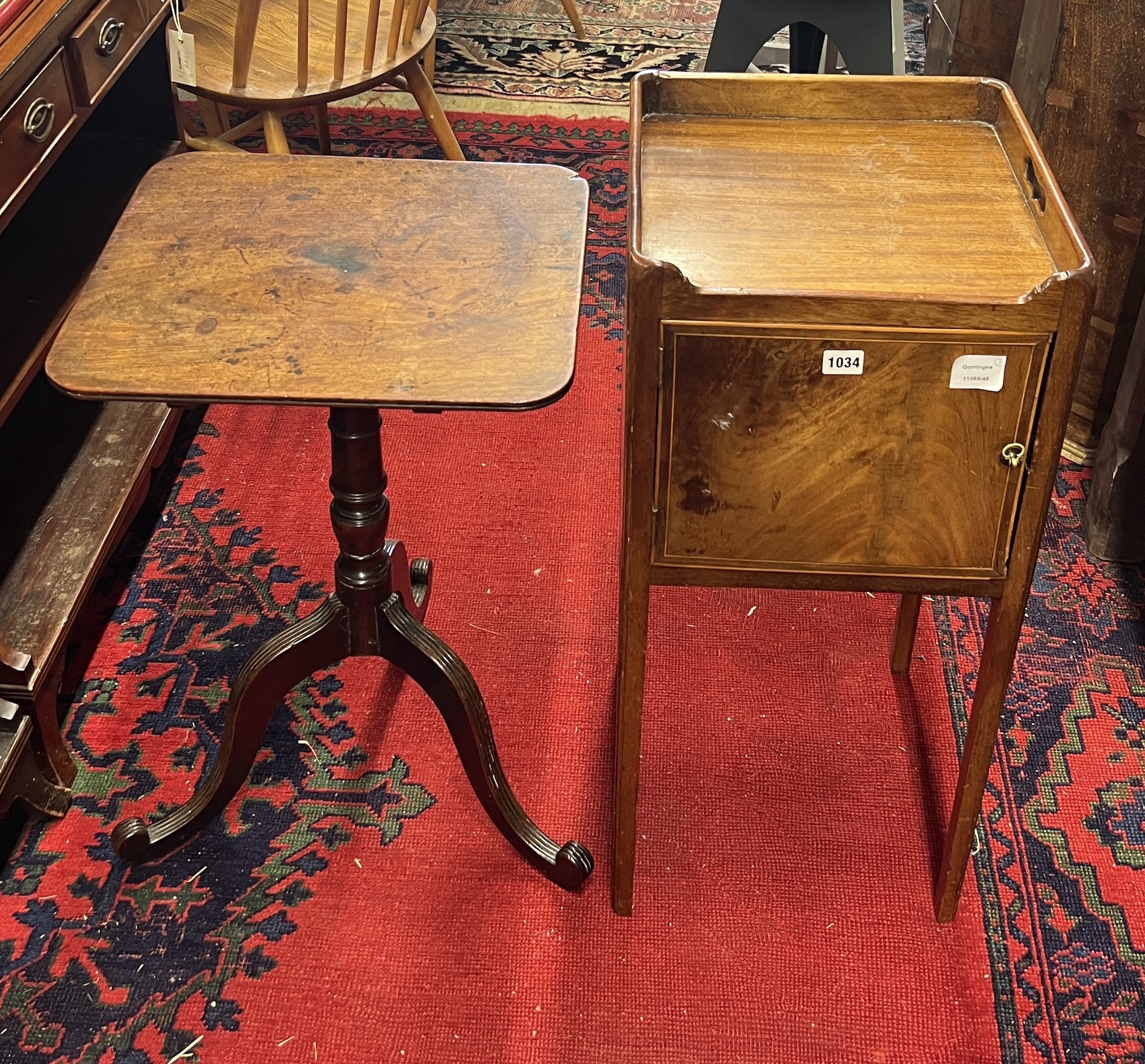 A George III mahogany tripod wine table, width 43cm, height 67cm together with a George III mahogany tray top bedside cabinet